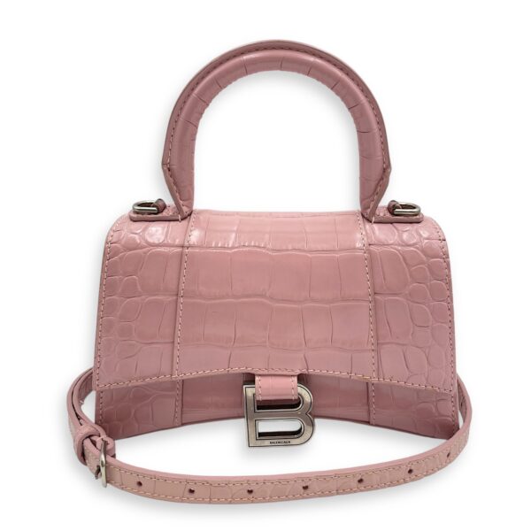 Hourglass Pink Crossbody Bag in Crocodile Embossed Leather, Silver hardware - Image 15
