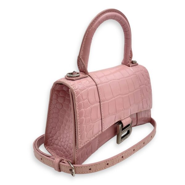 Hourglass Pink Crossbody Bag in Crocodile Embossed Leather, Silver hardware - Image 16
