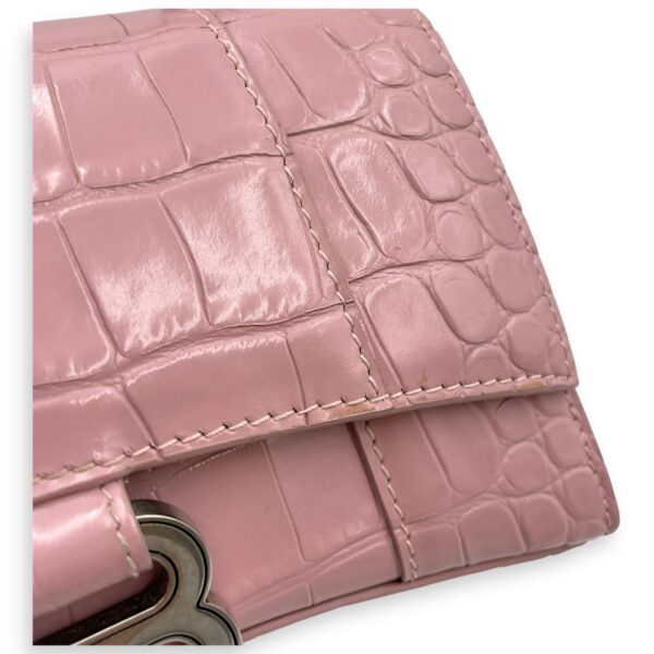 Hourglass Pink Crossbody Bag in Crocodile Embossed Leather, Silver hardware - Image 12