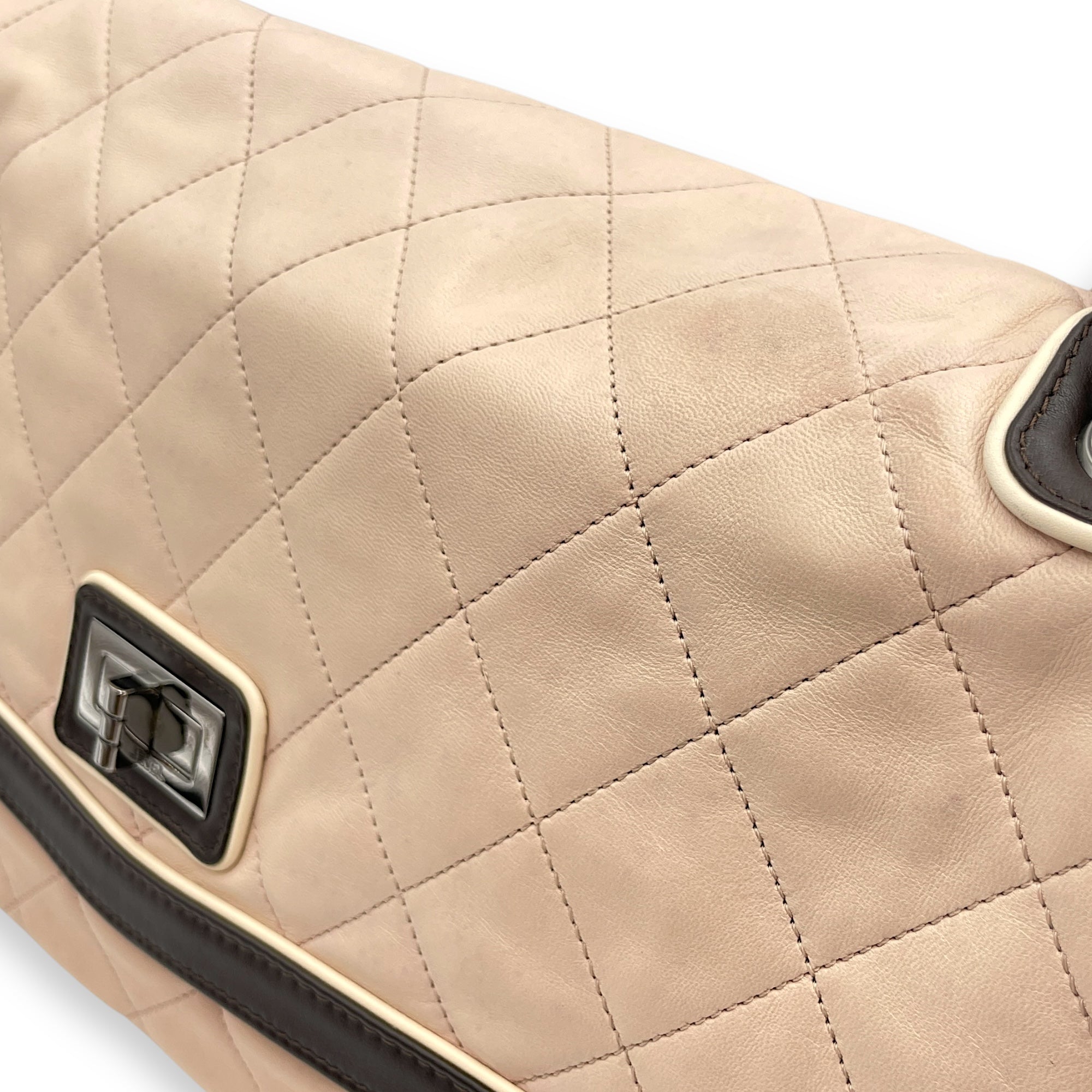 Two Tone Mademoiselle Lock Flap Beige Sholder bag in Lambskin, Silver hardware - Image 12