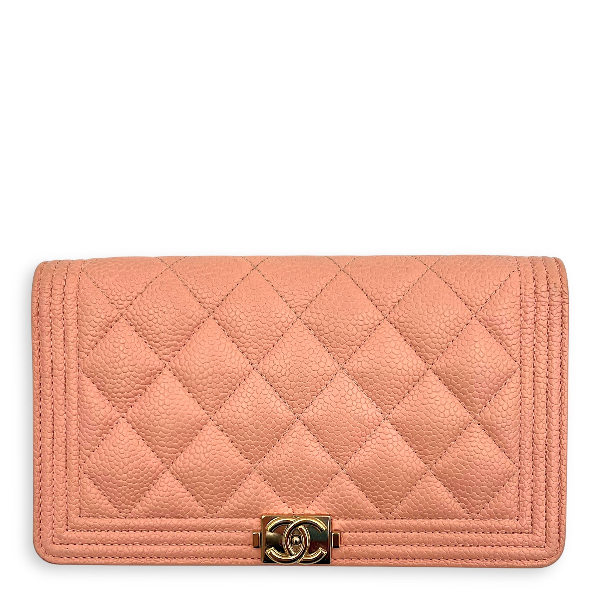 Boy Peach Wallet in Caviar Leather, Gold hardware