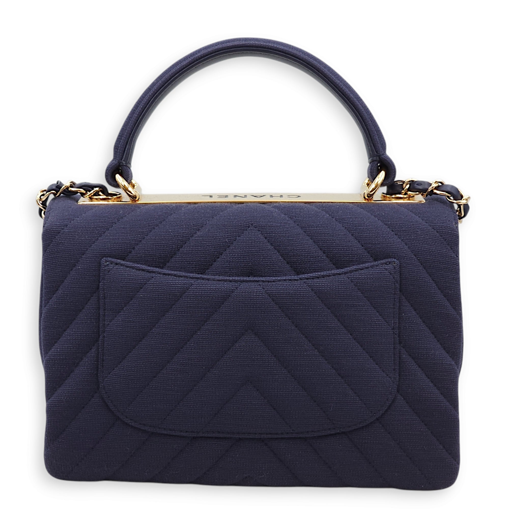 Chevron Trendy CC Small Blue Top Handle Bag in Jersey, Gold hardware - Image 4