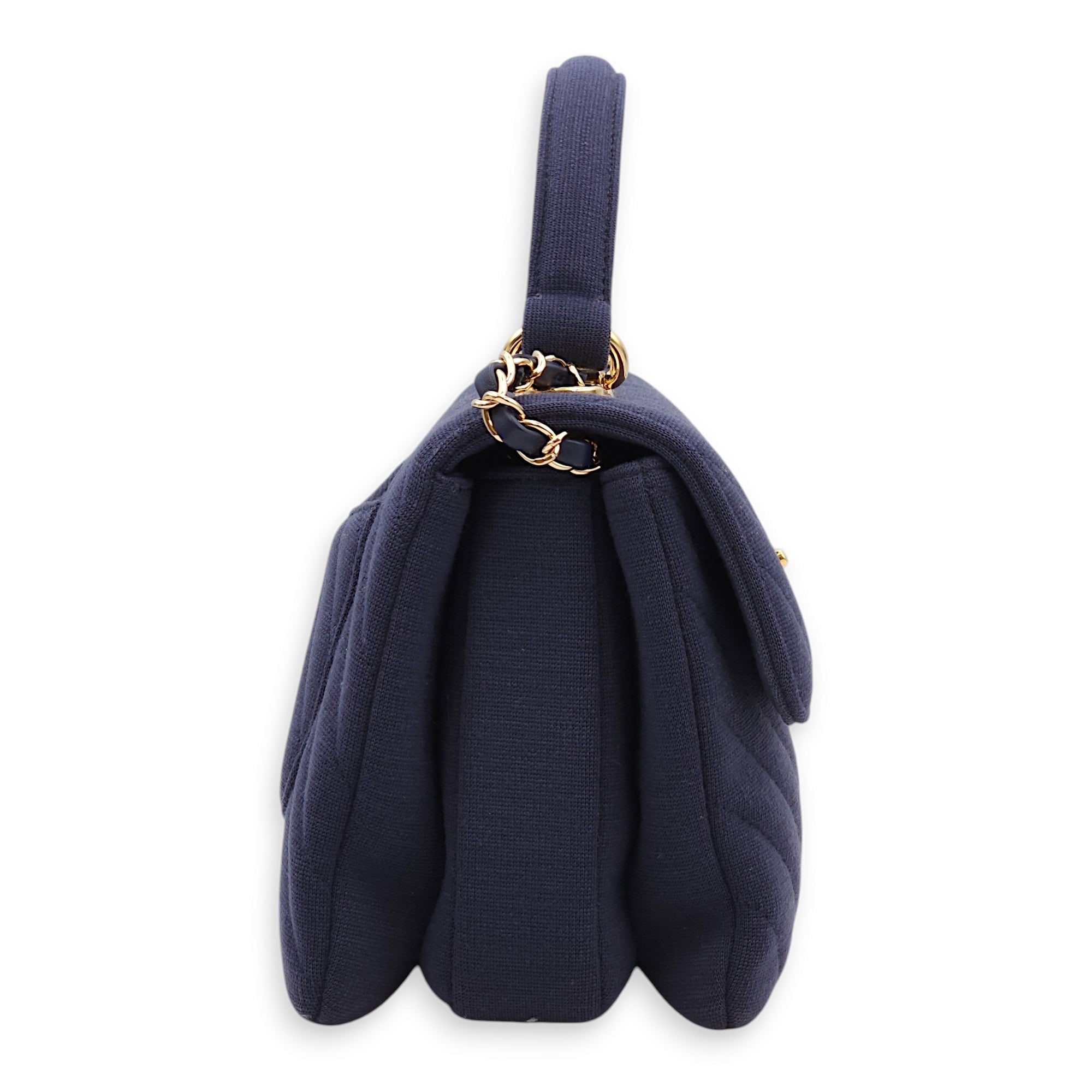 Chevron Trendy CC Small Blue Top Handle Bag in Jersey, Gold hardware - Image 5