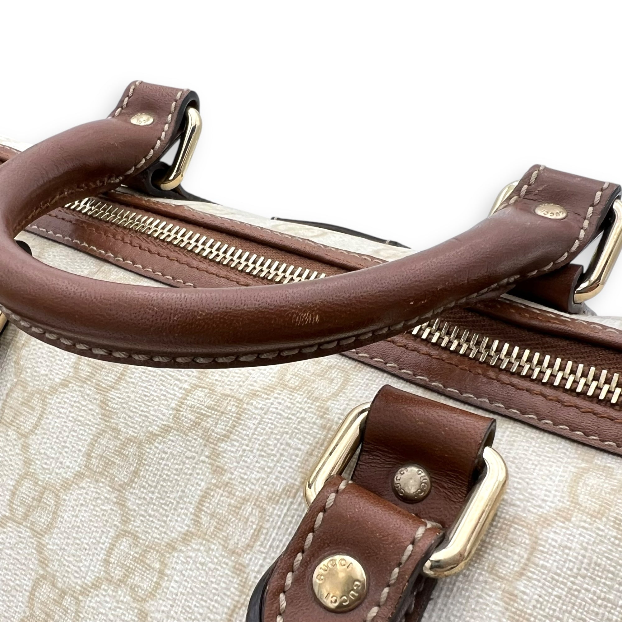 Boston White Top Handle Bag in Coated Canvas, Gold hardware - Image 8