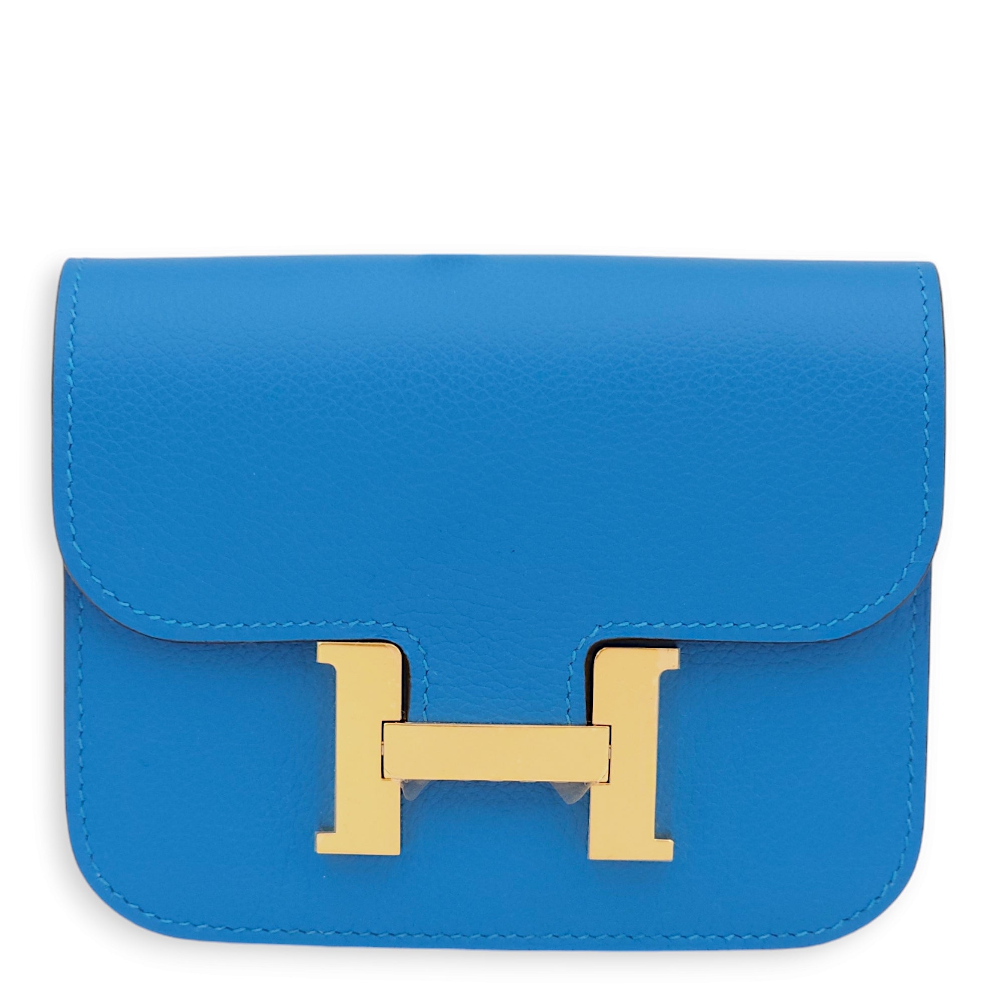 Constance Slim Blue Hydra Wallet in Evercolor, Gold hardware