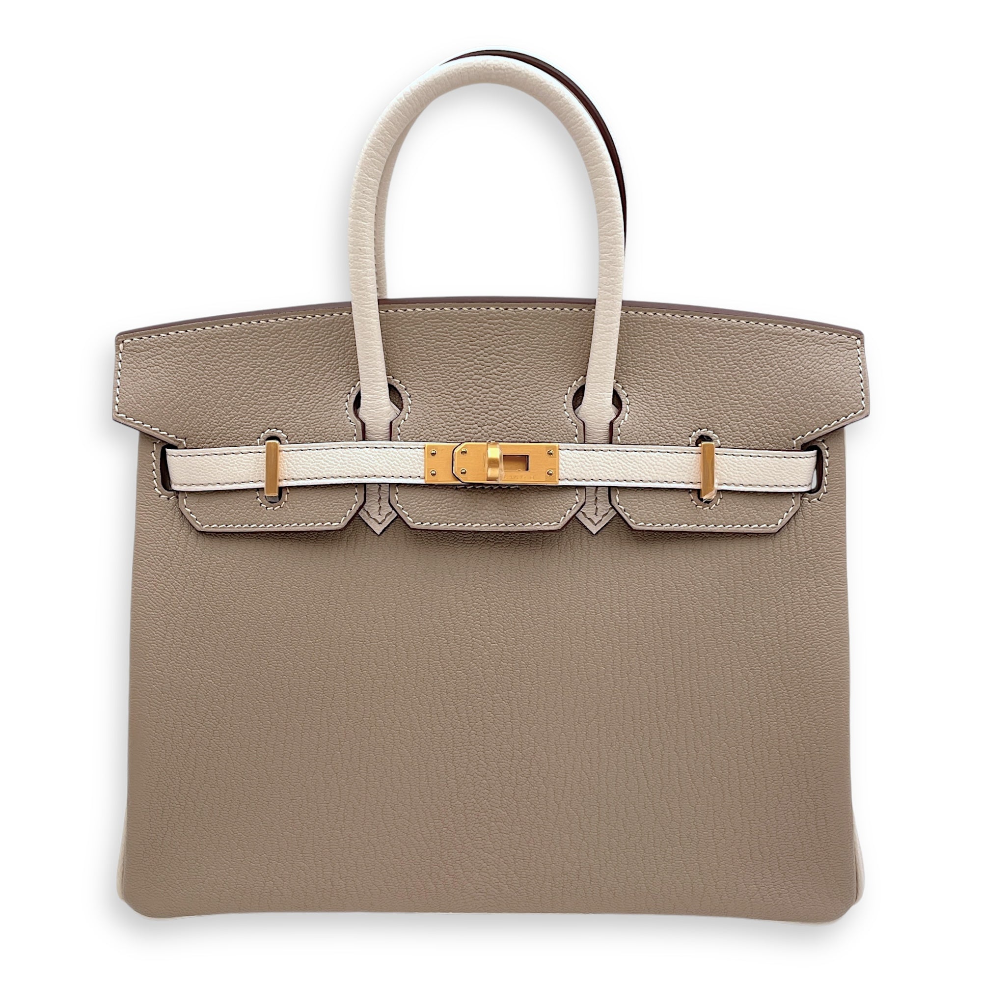HSS Birkin 25 Gris Tourterelle/Nata in Chevre Mysore, Brushed Gold hardware