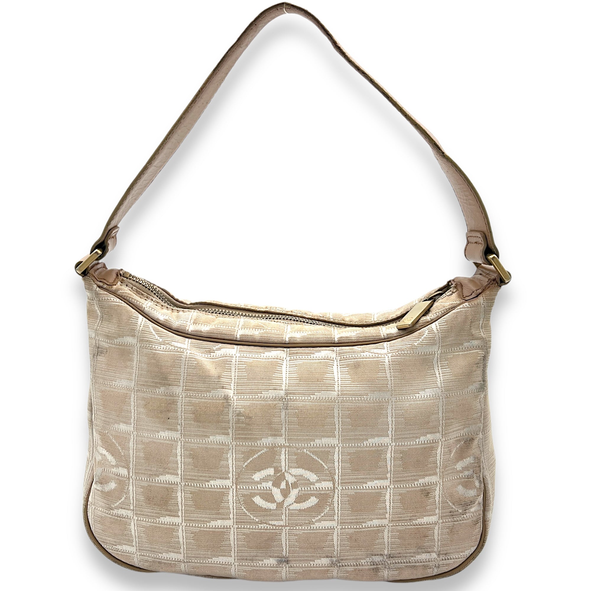 Travel Line Shoulder Bag Beige in Jacquard, Gold hardware - Image 3