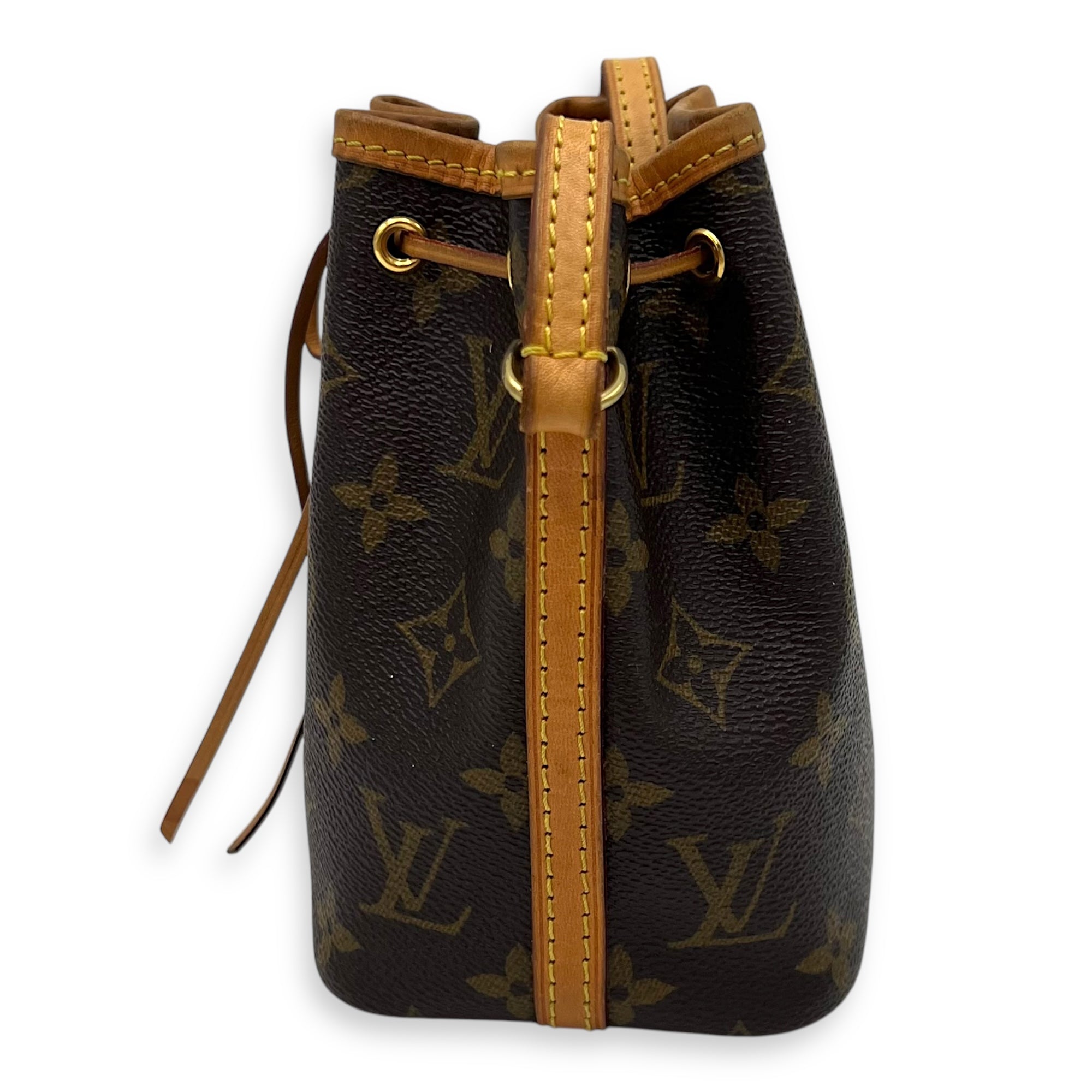 Noe Nano Brown Bucket Bag in Monogram Coated Canvas, Gold hardware - Image 4