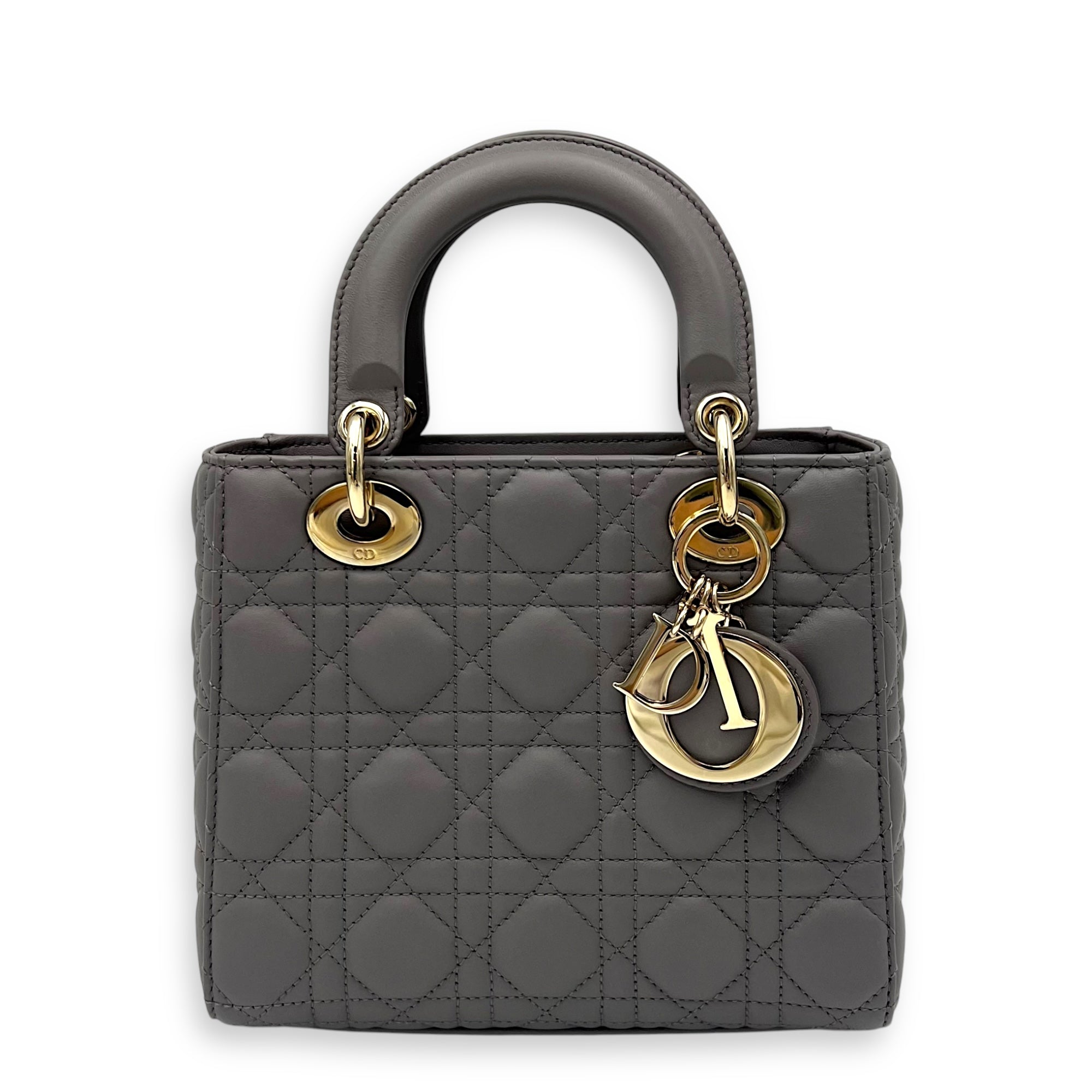 Lady Dior Small Grey Top Handle Bag in Lambskin, Gold hardware