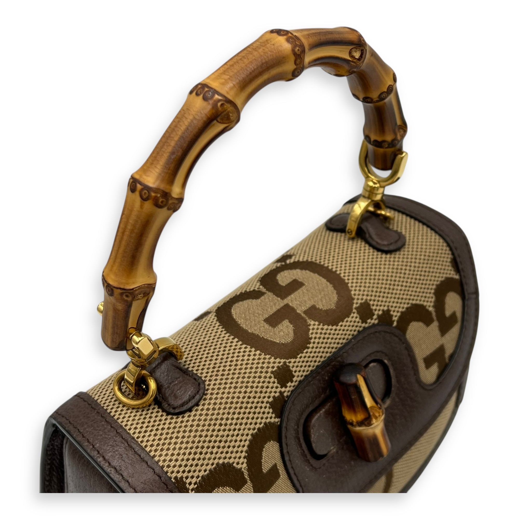 Bamboo Top Handle Bag Brown in Canvas, Gold hardware - Image 7