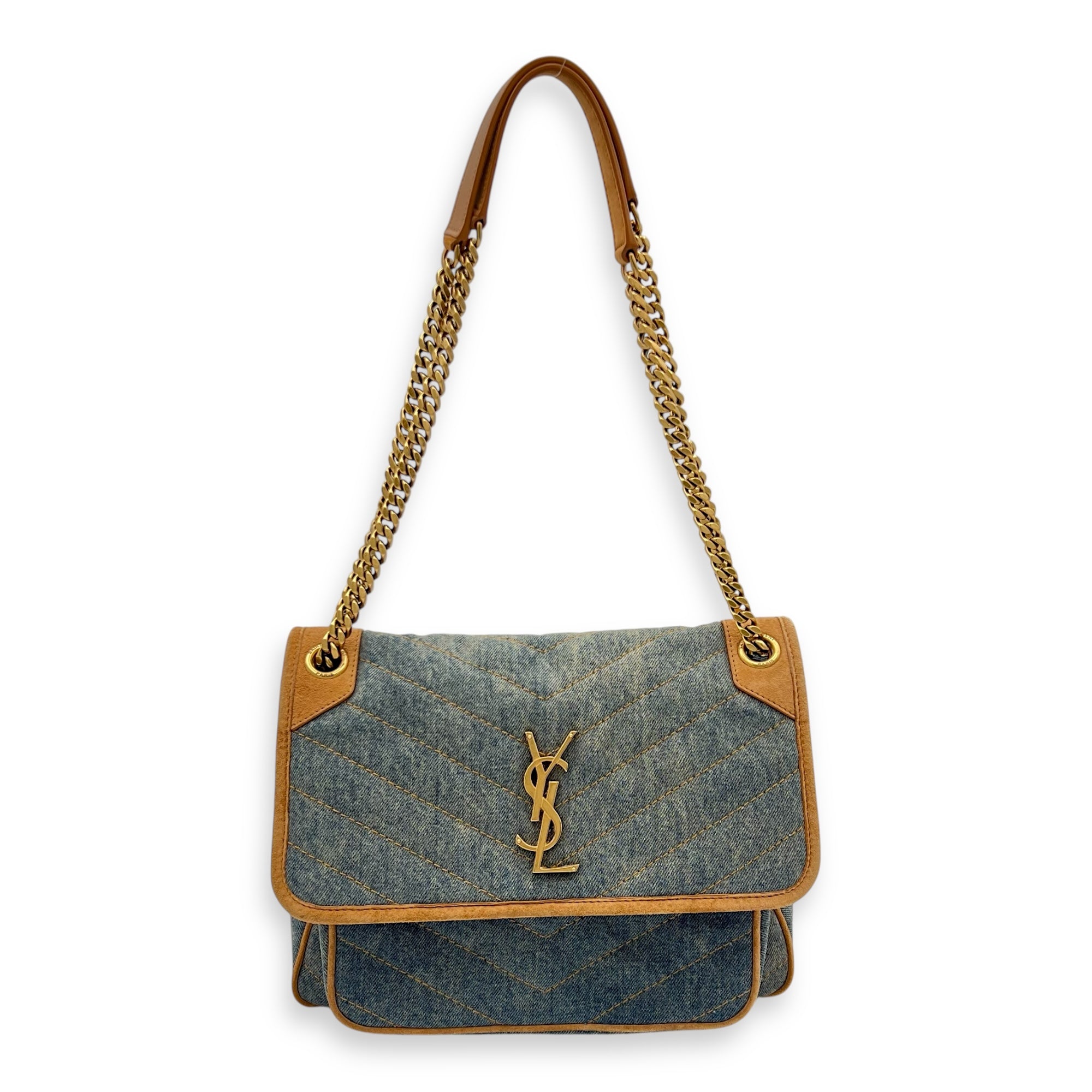 Niki Shoulder Bag Medium Blue in Denim, Gold hardware - Image 14