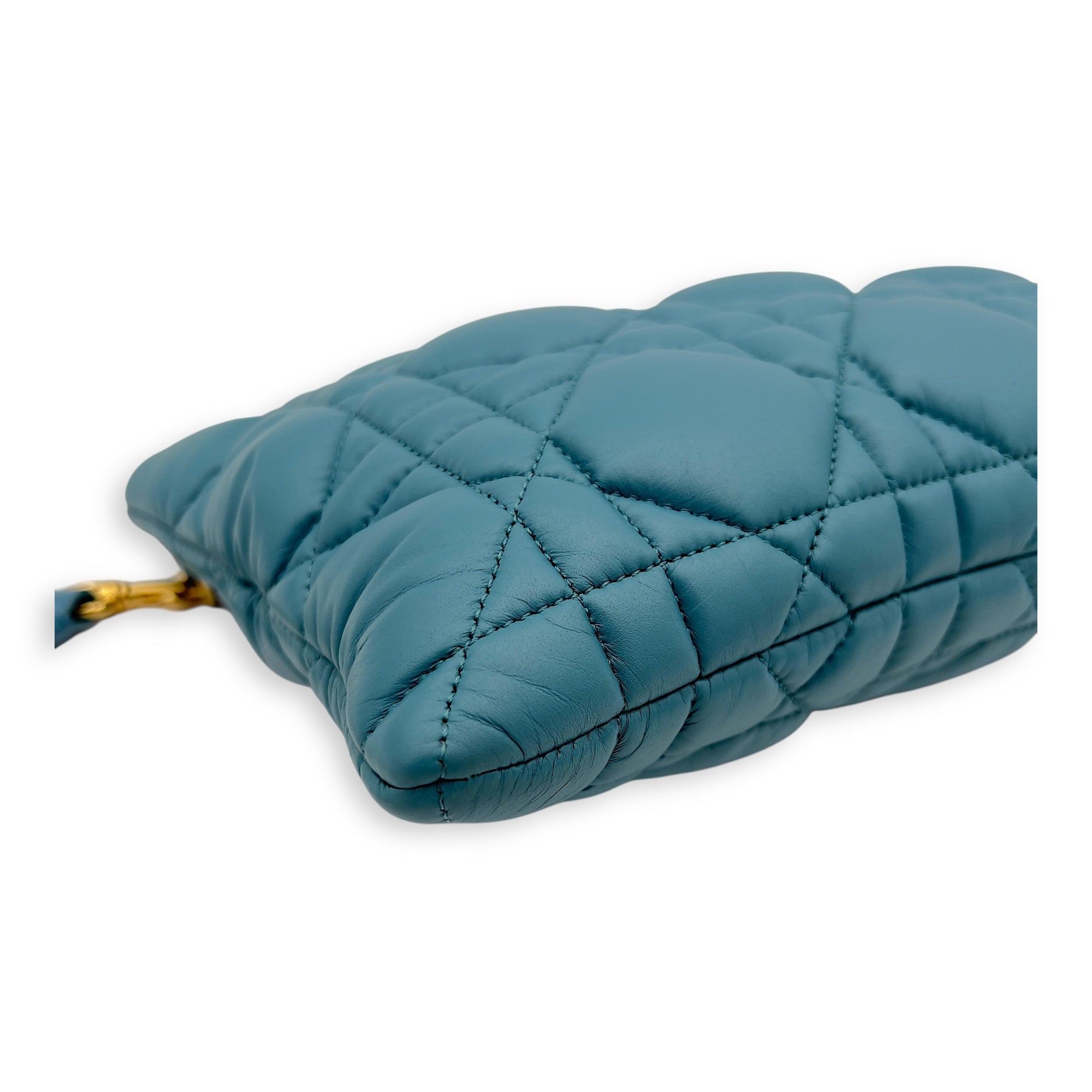 Caro Pouch Blue in Cannage Quilted Padded, Gold hardware - Image 10