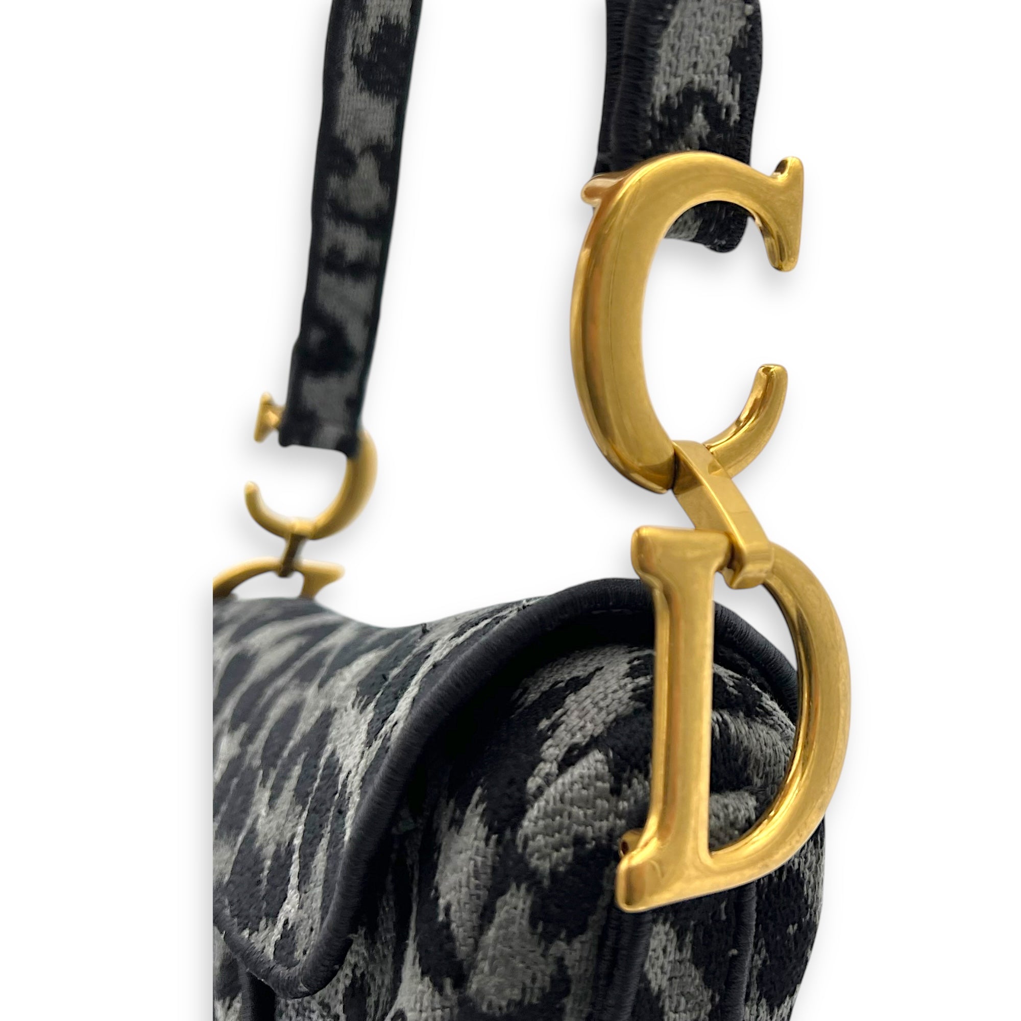 Saddle Grey Shoulder Bag in Jacquard, Gold hardware - Image 11