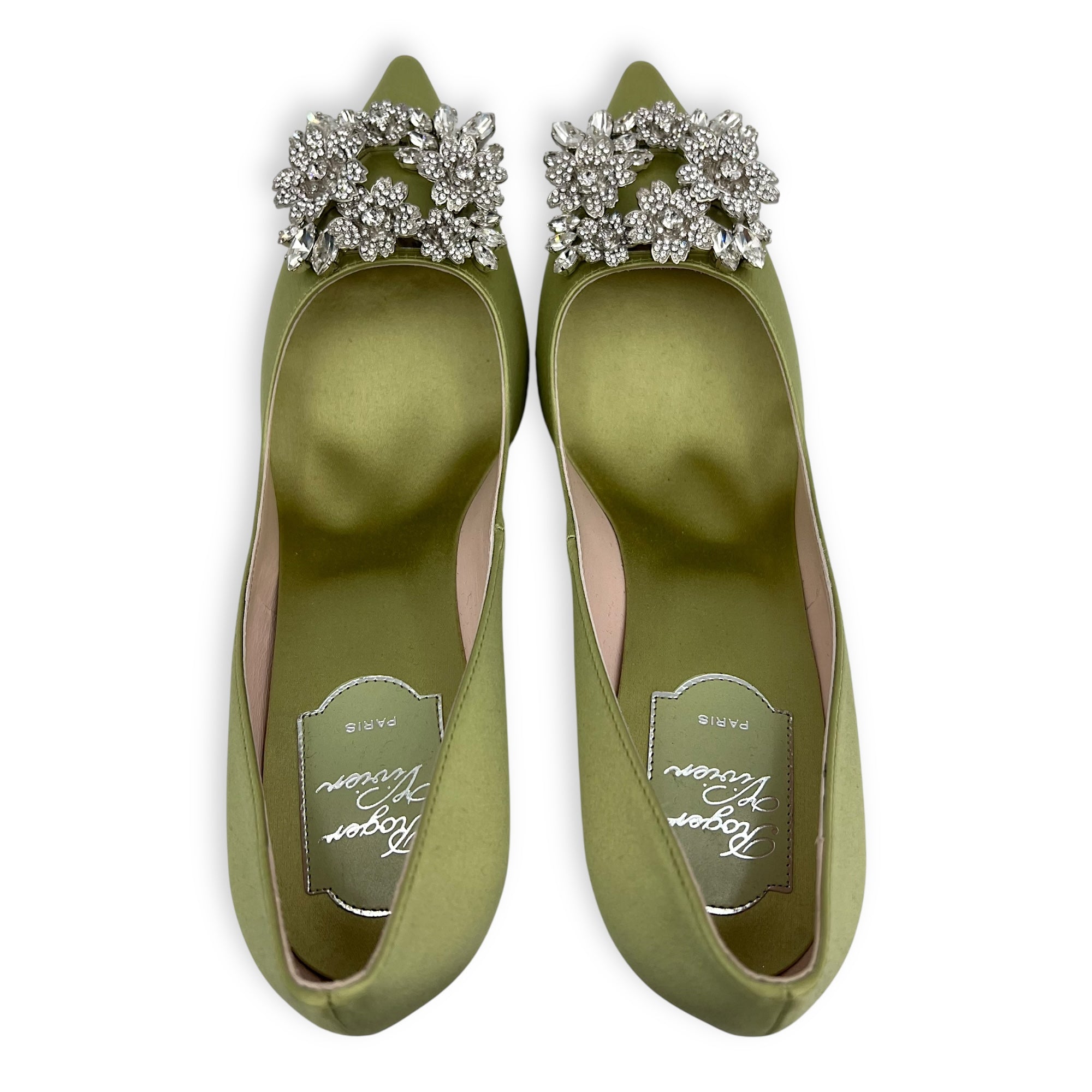 Bouquet Strass 85 38 Green Heels in Satin, Silver hardware